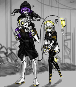 1boy 2girls absurdres android black_footwear black_hairband black_hat black_jacket black_thighhighs bound bound_wrists face_filter grey_hair hairband hat highres humanoid_robot jacket m4skedboi machine mechanical_arms multiple_girls murder_drones n_(murder_drones) open_mouth purple_eyes purple_hair robot screen short_hair short_sleeves smile socks tail thighhighs uzi_(murder_drones) v_(murder_drones) white_hair yellow_eyes