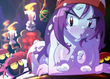 1girl 3boys bandana bath bathing bathtub bent_over blush body_blush breasts bubble_bath candle censored_nipples chair colored_sclera colored_skin convenient_censoring crossed_arms eyelashes eyes_visible_through_hair hair_down hair_strand highres ichi2649 indoors large_breasts lips long_hair looking_at_another looking_to_the_side multiple_boys nude outstretched_arms parted_lips purple_hair purple_lips purple_skin red_bandana red_eyes risky_boots shantae:_half-genie_hero shantae_(series) shiny_skin skull soap_bubbles tinkerbat towel v-shaped_eyebrows wet white_bandana yellow_sclera