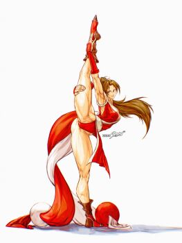 1girl absurdres ass brown_hair curvy flexible full_body highres leg_lift leg_up leotard leotard_under_clothes long_hair ponytail shiny_skin shiranui_mai snk split standing standing_on_one_leg standing_split the_king_of_fighters wide_hips zero_setsu