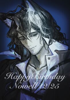 1boy animal_ears arknights babu_don_(don_10_13) beard_stubble black_eyes black_hair blue_background facial_hair fox_boy fox_ears fox_tail happy_birthday highres long_hair looking_at_viewer male_focus messy_hair mustache_stubble nowell_(arknights) pectoral_cleavage pectorals shirt smile solo sparse_stubble stubble tail upper_body white_shirt
