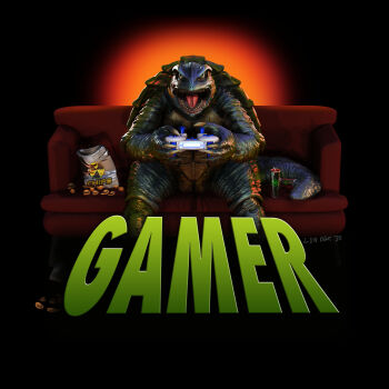 3d absurdres chips_(food) controller couch daiei_film drink elden_ardiente food game_controller gamera gamera:_guardian_of_the_universe gamera_(series) highres kaiju turtle turtle_shell