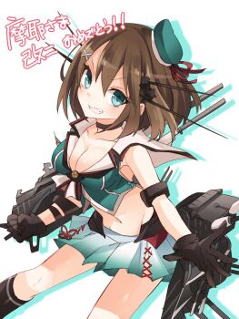1girl black_choker black_gloves black_socks blue_eyes blue_hat blush breasts brown_hair character_name choker cleavage commentary_request crop_top drop_shadow gloves grin hair_between_eyes hat headgear kantai_collection kneehighs looking_at_viewer maya_(kancolle) maya_kai_ni_(kancolle) medium_breasts midriff miniskirt navel orqz short_hair simple_background skirt smile socks solo translation_request