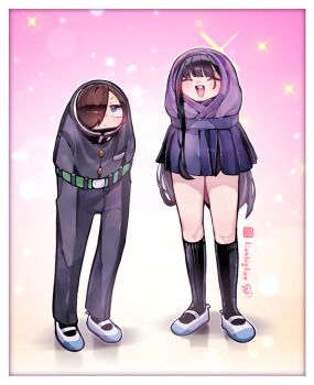 1boy 1girl anatomical_nonsense belt black_hair black_pants black_socks blue_eyes blue_skirt boku_no_kokoro_no_yabai_yatsu brown_hair cardigan closed_eyes closed_mouth expressionless full_body gakuran gondola_(meme) green_belt hair_over_one_eye ichikawa_kyoutarou instagram_logo instagram_username lianbiglian long_hair meme miniskirt mole mole_on_thigh open_mouth pants pink_background pleated_skirt purple_cardigan school_uniform shoes short_hair skirt smile socks standing uwabaki white_shoes yamada_anna