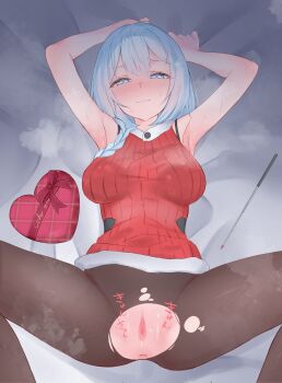 1girl armpits arms_up bare_shoulders bemani blue_eyes blue_hair blush box breasts censored closed_mouth commentary_request dress gift gift_box hair_ornament heart heart-shaped_box heart-shaped_pupils highres hiyuki-chan kowaku large_breasts looking_at_viewer lying mosaic_censoring nose_blush on_back pantyhose pussy red_sweater short_hair sleeveless smile sound_voltex spread_legs sweat sweater symbol-shaped_pupils uncensored