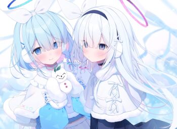 2girls arona_(blue_archive) black_choker black_coat black_eyes blue_archive blue_eyes blue_hair blue_halo blush bow braid capelet choker coat colored_inner_hair earmuffs fur-trimmed_capelet fur_trim gloves hair_bow hair_over_one_eye halo highres holding_snowman long_hair mini_snowman mismatched_pupils multicolored_hair multiple_girls pink_hair pink_halo plana_(blue_archive) pleated_skirt shiika_yuno skirt smile white_capelet white_choker white_gloves white_hair white_skirt