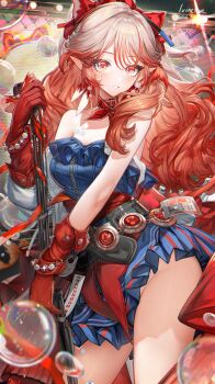 1girl absurdres arknights artist_name bare_shoulders blue_dress blush bow breasts bubble collarbone commentary dated dress earrings frilled_dress frills glint gloves gradient_hair groin hair_between_eyes hair_bow hand_up haruka_(arknights) highres holding holding_microphone id_card irvinetope jewelry long_hair looking_at_viewer medium_breasts microphone microphone_stand multicolored_hair neck_ribbon no_panties off-shoulder_dress off_shoulder orange_hair parted_lips pink_hair pointy_ears red_bow red_eyes red_gloves red_ribbon ribbon screen sleeveless sleeveless_dress smile solo stage standing thighs very_long_hair