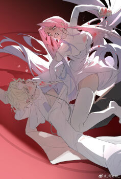 Rule 34 | 1boy, 1girl, alien stage, angry, arm cutout, artist name, black pants, blonde hair, blood, blood on clothes, blood on hands, blue hair, bruise, bruise on face, chinese commentary, clenched hand, clenched teeth, clothing cutout, colored eyelashes, commentary request, dress, forehead jewel, girl on top, gradient hair, highres, injury, long hair, long sleeves, luka (alien stage), mizi (alien stage), multicolored hair, pants, pink hair, punching, red background, sandsawako, shirt, straddling, tears, teeth, thighhighs, two-tone hair, very long hair, watermark, weibo watermark, white dress, white shirt, white thighhighs, yellow eyes