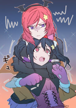 Rule 34 | 2girls, absurdres, animal hands, arms around neck, black gloves, black hair, closed mouth, commentary request, cross-laced clothes, cross-laced dress, dancing stars on me!, dress, elbow gloves, frown, gloves, hair ornament, halloween, highres, inazuma (elect line), love live!, love live! school idol project, medium hair, multiple girls, nishikino maki, open mouth, paw gloves, pink dress, pink gloves, purple eyes, red eyes, red hair, shout lines, slit pupils, star (symbol), star hair ornament, sweatdrop, teeth, twintails, upper body, upper teeth only, yazawa nico