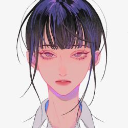 Rule 34 | 1girl, black hair, blunt bangs, collar, cropped shoulders, expressionless, eyelashes, green eyes, highres, hime cut, lipstick, looking at viewer, makeup, original, oxi206, parted lips, pink lips, red pupils, short hair, simple background, solo, straight-on, teeth, white background, white collar