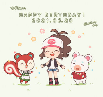 Rule 34 | 3girls, animal crossing, baseball cap, boots, brown hair, closed eyes, dated, denim, denim shorts, exposed pocket, floral print, flower, flurry (animal crossing), full body, happy birthday, hat, hilda (pokemon), multiple girls, nintendo, pokemon, pokemon bw, ponytail, poppy (animal crossing), protected link, red sweater, shorts, smile, squirrel tail, sweater, tail, yairo (sik s4)