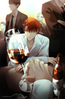 1boy 1other absurdres aegyo_sal black_hair bottle cigarette collared_shirt cup drinking_glass elbow_rest highres holding holding_cigarette holding_cup kim_dokja looking_at_viewer omniscient_reader&#039;s_viewpoint people pov pov_hands scar scar_across_eye scar_on_face secretive_plotter serious shirt short_hair white_shirt wine_glass yiyuehua yoo_joonghyuk