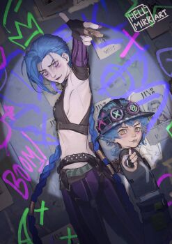 1girl 1other absurdres arcane:_league_of_legends armpits belt black_gloves blue_hair blush braid crop_top curtained_hair feet_out_of_frame finger_gun fingerless_gloves gloves goggles goggles_on_head hellmirrart helmet highres isha_(arcane) jinx_(league_of_legends) league_of_legends looking_at_viewer neon_sign purple_eyes smirk spotlight stomach twin_braids yellow_eyes