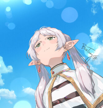 1girl blue_sky bosstseng closed_mouth cloud commentary_request day earrings elf frieren green_eyes highres jewelry meme outdoors pointy_ears sky smile solo sousou_no_frieren twintails upper_body upward_angle_frieren_drawing_(meme) white_hair