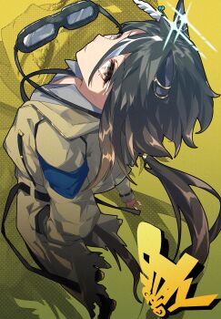 Rule 34 | 106staygold, 1girl, absurdres, animal ears, black hair, brown eyes, brown hair, coat, ear covers, ear ornament, goggles, goggles around neck, hair between eyes, highres, horse ears, horse girl, horse tail, long hair, looking at viewer, multicolored hair, ponytail, shirt, smile, solo, stay gold (umamusume), streaked hair, tail, torn clothes, torn coat, umamusume, white hair, yellow coat