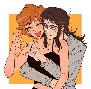 1boy 1girl abaddon_(haunted_hotel) aged_up bite_mark bite_mark_on_shoulder black_camisole blue_eyes brown_hair camisole esther_freeling grey_sweater haunted_hotel heart heart_hands heart_hands_duo highres hug hug_from_behind insidej043 jewelry long_hair looking_at_another orange_background orange_hair ring short_hair simple_background slit_pupils sweater upper_body