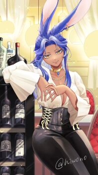 1girl arm_rest artist_name black_corset black_pants blouse blue_gemstone blue_hair bottle breasts cleavage closed_mouth colored_eyelashes commentary_request commission corset cross-laced_clothes cross-laced_corset dark-skinned_female dark_skin earrings eileenza_zargoth_(pridewolven) final_fantasy final_fantasy_xiv gem glass_bottle gold_choker gold_earrings head_tilt highres hiwono jewelry lamp large_breasts long_hair long_sleeves looking_at_viewer multi-source_commentary necklace original own_hands_together pants parted_bangs pearl_necklace pendant_choker rabbit_girl shelf shirt sitting skeb_commission smile solo twitter_username viera white_shirt wine_bottle yellow_eyes