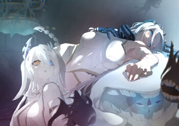 Rule 34 | 2girls, absurdres, animal ears, bandaged arm, bandages, bare shoulders, blue eyes, bodysuit, breasts, chaos zero nightmare, commentary request, gaya (chaos zero nightmare), heterochromia, highres, horns, large breasts, long hair, monster, multiple girls, narja (chaos zero nightmare), open mouth, pale skin, sideboob, skin tight, sleeveless, sleeveless bodysuit, teeth, user jcth2474, white bodysuit, white hair, yellow eyes