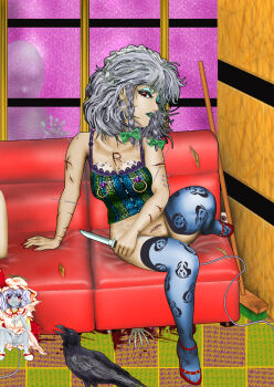 2girls bad_id bad_nicoseiga_id bird blood blue_eyeshadow blue_lips blue_thighhighs blush_stickers body_piercings bow braid broom crow earrings eyeshadow green_bow grey_hair hair_bow hat hat_bow highres holding holding_knife hoop_earrings izayoi_sakuya jewelry kams knife looking_at_viewer makeup mob_cap multiple_girls needle nipple_piercing piercing red_eyes red_nails red_shoes remilia_scarlet self-harm_scar shirt shoes sitting skirt thighhighs touhou twin_braids white_shirt white_skirt