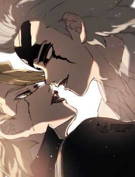 2boys absurdres artist_name black_eyes black_jacket black_lips blonde_hair collarbone collared_shirt cracked_skin dr._stone eye_contact face-to-face facial_mark facial_tattoo from_side grey_hair highres imminent_kiss jacket lipstick looking_at_another makeup male_focus mitsuru_(aica_hikari) multiple_boys open_mouth shirt short_hair simple_background smile stanley_snyder_(dr.stone) tattoo teeth white_background white_shirt xeno_(dr.stone) yaoi yellow_eyes