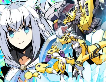 Rule 34 | blue eyes, character request, copyright request, digimon, digimon (creature), evolutionary line, growmon (orange), highres, megalogrowmon (orange), pixiv user (16868844), pokomon (digimon), relemon, renamon, smile, wargreymon