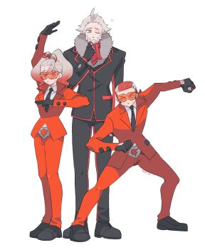 1girl 2boys absurdres black_coat coat commentary_request formal_clothes fsxxx_67 glasses griselle_(pokemon) grisham_(pokemon) highres holding holding_poke_ball lysandre_(pokemon) multiple_boys nintendo poke_ball pokemon pokemon_legends:_z-a red_hair red_suit suit sunglasses team_flare white_hair