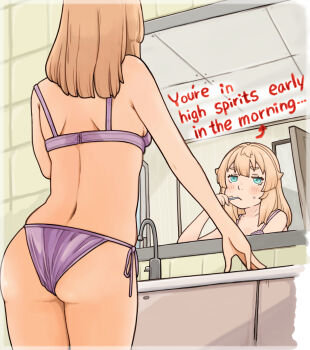 Rule 34 | 1girl, absurdres, ass, bathroom, blonde hair, blue eyes, breasts, bridget (guilty gear), brushing teeth, commentary, english commentary, english text, guilty gear, guilty gear strive, highres, holding, holding toothbrush, indoors, long hair, mirror, panties, small breasts, solo, sugajyun, tile wall, tiles, toothbrush, underwear, wedgie