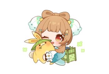 1girl ;d blue_shirt blunt_bangs blush brown_hair chibi chibi_only commentary_request cropped_torso double-parted_bangs genshin_impact holding kurumi_dangoo long_sleeves one_eye_closed open_mouth red_eyes shirt short_hair simple_background smile solo white_background yaoyao_(genshin_impact) yuegui_(genshin_impact)