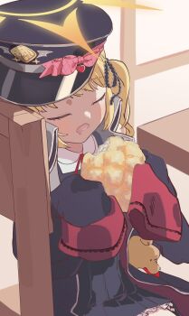 1girl black_dress blonde_hair blue_archive bow bowtie bread chair colored_inner_jacket commentary_request cowboy_shot demon_girl dress drooling fnf5tsu food frilled_skirt frills hair_ribbon halo hat hat_bow hat_ribbon high_collar highres holding holding_food ibuki_(blue_archive) jacket long_hair long_sleeves low_wings melon_bread mouth_drool multicolored_jacket on_chair open_mouth peaked_cap pink_ribbon pleated_skirt pointy_ears red_jacket red_ribbon ribbon school_uniform shirt side_ponytail sitting skirt sleeping sleeve_cuffs sleeves_past_fingers sleeves_past_wrists smile stuffed_animal stuffed_toy table tail teddy_bear two-tone_jacket white_shirt window wings yellow_halo