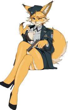 1girl animal_ear_fluff animal_ears blonde_hair blue_eyes bra breasts cleavage commentary_request fox_ears fox_girl fox_tail furry furry_female garrison_cap gun handgun hat high_heels highres korean_commentary lips m1911 medium_breasts military_uniform original short_hair simple_background solo tail underwear united_states_forces_korea wani_(perfect_han) weapon white_background yellow_fur