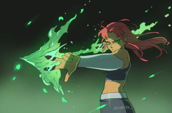 1girl arrow_(projectile) artist_name colored_sclera commentary dc_comics english_commentary fire genniax green_eyes green_sclera highres jujutsu_kaisen long_hair purple_tank_top pyrokinesis red_hair scene_reference solo starfire tamaranean tank_top teen_titans