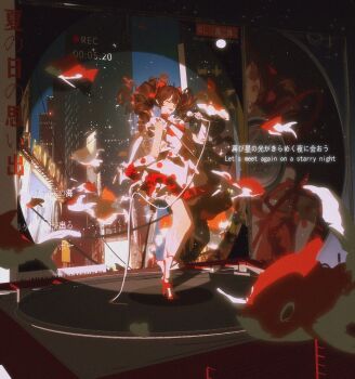 1girl archaic_japanese_text bow building cable chinese_commentary closed_eyes commentary_request dress english_text fish full_body gloves goldfish hair_between_eyes hair_bow hair_ribbon high_heels highres holding holding_staff humanization long_hair microphone music open_mouth original phonograph ribbon singing skirt solo spotlight staff stage standing turntable twintails vinyl_record yi_ke_da_cui_tao_tao