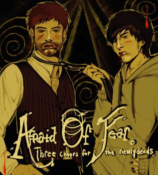 2boys afraid_of_monsters black_eyes black_hair black_nails blood blood_from_mouth blood_on_face bridge_piercing brown_hair carpwood chest_hair clothes_grab collared_shirt copyright_name crossover cry_of_fear david_leatherhoff english_text face_piercing grey_hoodie half-closed_eyes hand_on_own_hip hand_up hood hood_down hoodie looking_at_viewer male_focus multiple_boys necktie necktie_grab neckwear_grab piercing scar scar_on_face sepia shirt short_hair simon_henriksson spiral striped_clothes striped_vest upper_body vest white_shirt