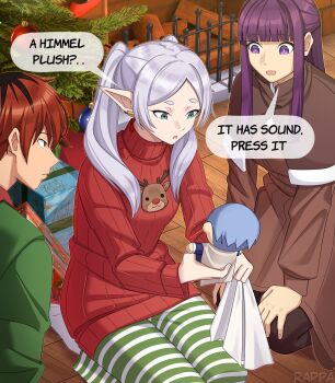 1boy 2girls artist_name black_hair box brown_capelet brown_coat capelet character_doll christmas_ornaments christmas_tree coat commentary doll earrings english_commentary english_text fern_(sousou_no_frieren) frieren gift gift_box green_eyes grey_hair highres himmel_(sousou_no_frieren) holding holding_doll jewelry multicolored_hair multiple_girls open_mouth pants pointy_ears purple_eyes purple_hair rappa_(sirrappa) red_eyes red_hair red_sweater roots_(hair) seiza short_eyebrows sitting socks sousou_no_frieren stark_(sousou_no_frieren) striped_clothes striped_pants sweater teardrop_earrings thick_eyebrows turtleneck turtleneck_sweater twintails two-tone_hair white_socks wooden_floor