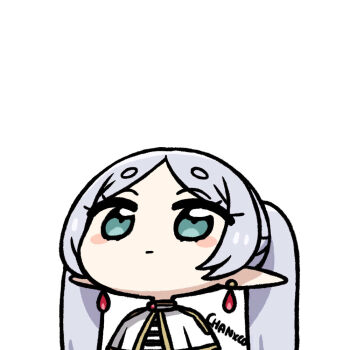1girl blue_eyes blush capelet chan_co chibi chibi_only closed_mouth earrings elf frieren grey_hair hair_between_eyes jewelry long_hair meme pointy_ears signature simple_background solo sousou_no_frieren teardrop_earrings twintails upper_body upward_angle_frieren_drawing_(meme) white_background white_capelet