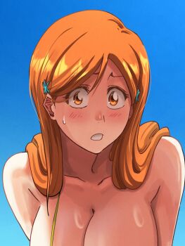 1girl bare_shoulders bleach bra breasts brown_eyes collarbone female_focus hair_ornament hairclip highres inoue_orihime large_breasts light_blush long_hair looking_at_viewer orange_hair parted_lips ririvart shiny_skin simple_background snowflake_hair_ornament sweatdrop underwear upper_body