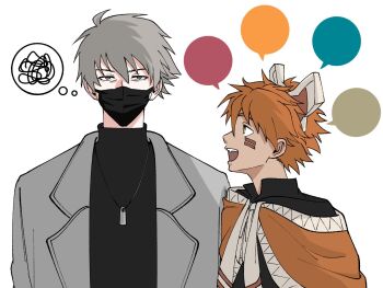 Rule 34 | 2boys, animal ears, black mask, black sweater, capelet, coat, facial mark, fang, ghostblade (to be hero x), grey coat, grey eyes, hair between eyes, hashtag-only commentary, highres, jewelry, little johnny (to be hero x), looking at another, male focus, mask, mayhapcat, mouth mask, multiple boys, necklace, orange capelet, orange hair, short hair, squiggle, sweater, talking, to be hero, to be hero x, turtleneck, turtleneck sweater, upper body, yellow eyes