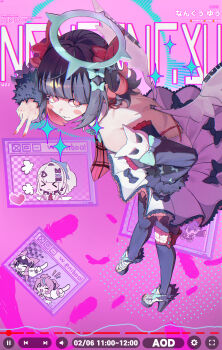 Rule 34 | 1girl, :3, absurdres, aria (zenless zone zero), backless dress, backless outfit, bare shoulders, black hair, black thighhighs, blush, bow, checkered necktie, colored inner hair, commentary, detached sleeves, dress, english commentary, fake video, feathers, foxrain, fur-trimmed sleeves, fur trim, green bow, green halo, hair bow, halo, heart, highres, leaning forward, looking at viewer, multicolored hair, multiple hair bows, nail polish, nangong yu, necktie, open-toe shoes, open mouth, pink background, progress bar, red bow, red eyes, red nails, red necktie, scar, scar on back, shoes, short twintails, sleeve bow, solo, sparkle, sunna (zenless zone zero), thighhighs, toenail polish, toenails, twintails, v, volume symbol, white dress, white shoes, white wings, wings, zenless zone zero