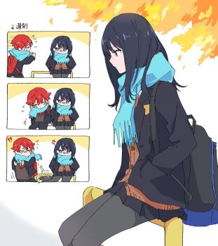 1boy 1girl annoyed black_hair black_skirt blue_eyes blush breasts collared_shirt couple gridman_universe gridman_universe_(movie) hetero hibiki_yuuta highres himagosan holding jacket kicking long_hair long_sleeves matching_outfits necktie pleated_skirt red_hair scarf school_uniform shirt short_hair skirt takarada_rikka thighhighs thighs white_shirt winter_uniform