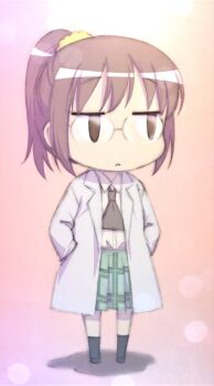 Rule 34 | 1girl, black hair, black necktie, black socks, blank eyes, boku wa tomodachi ga sukunai, brown eyes, chibi, chibi only, collared shirt, commentary request, frown, full body, glasses, green skirt, hair ornament, hair scrunchie, hands in pockets, high ponytail, highres, lab coat, medium hair, necktie, official artist extra, plaid clothes, plaid skirt, ponytail, school uniform, scrunchie, shiguma rika, shirt, skirt, slit pupils, socks, solo, st. chronica academy school uniform, standing, watanabe yoshihiro, white shirt, yellow scrunchie