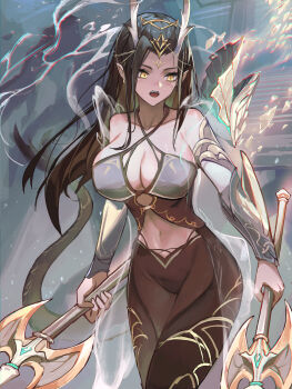 1girl absurdres axe black_hair breasts chinese_clothes cleavage clothing_cutout collarbone commentary_request covered_erect_nipples criss-cross_halter dual_wielding fantasy halterneck highres holding holding_axe large_breasts long_hair open_mouth original pointy_ears slit_pupils solo stomach_cutout yellow_eyes youlan
