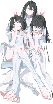 3girls absurdres barefoot black_hair chair cleavage_cutout closed_eyes closed_mouth clothing_cutout double_v finger_in_another's_mouth highres long_hair multiple_girls office_chair open_mouth original purple_eyes reoen short_hair sitting star-shaped_pupils star_(symbol) swivel_chair symbol-shaped_pupils tongue tongue_out v