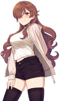 1girl black_shorts black_thighhighs blouse breasts brown_eyes brown_hair closed_mouth commentary_request hair_over_one_eye highres itou_(onsoku_tassha) jacket long_hair long_sleeves open_clothes open_jacket original shirt shorts simple_background smile solo thighhighs white_background white_jacket white_shirt