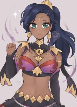 1girl black_sleeves blue_hair blush breasts circlet closed_mouth crescent crescent_earrings dancer dark-skinned_female dark_skin detached_sleeves earrings fire_emblem fire_emblem:_fortune&#039;s_weave gold_choker gold_earrings gold_trim harem_outfit high_ponytail highres jewelry large_breasts leda_(fire_emblem) looking_at_viewer luci_(purrlucii) medium_breasts navel nintendo ponytail skirt smile solo star_(symbol) stomach