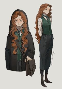 Rule 34 | 1girl, bag, black robe, black skirt, black thighhighs, blue eyes, boots, brown boots, collared shirt, green necktie, green vest, gynger edventray (hiiragimare), highres, hiiragimare, hogwarts legacy, hogwarts school uniform, holding, holding bag, hooded robe, long hair, long skirt, multiple views, necktie, original, red hair, robe, school uniform, shirt, shoulder bag, simple background, skirt, slytherin, standing, thighhighs, vest, white background, white shirt, wizarding world