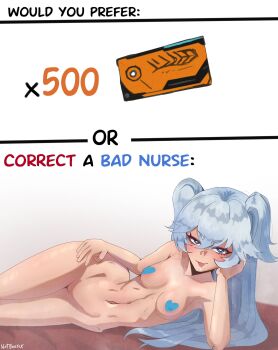 1girl blue_eyes blue_hair blush completely_nude eyebrows_hidden_by_hair florence_(girls'_frontline_2) geerux girls'_frontline heart heart-shaped_pupils highres hip_bones long_hair looking_at_viewer lying navel nude on_side pa-15_(girls'_frontline) pasties saliva solo symbol-shaped_pupils thighs tongue tongue_out