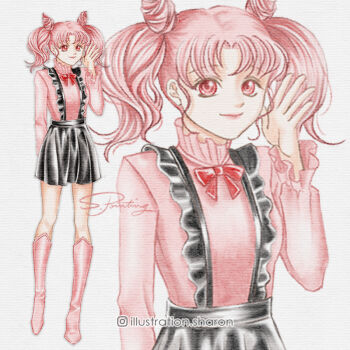 Rule 34 | 1girl, alternate costume, bishoujo senshi sailor moon, black skirt, boots, bow, bowtie, chibi usa, cone hair bun, double bun, frilled suspenders, hair bun, high collar, high heel boots, high heels, illustration sharon, instagram username, knee boots, long hair, looking at viewer, parted bangs, pink boots, pink hair, pink shirt, red bow, red bowtie, shirt, signature, simple background, skirt, solo, suspender skirt, suspenders, traditional media, twintails, white background