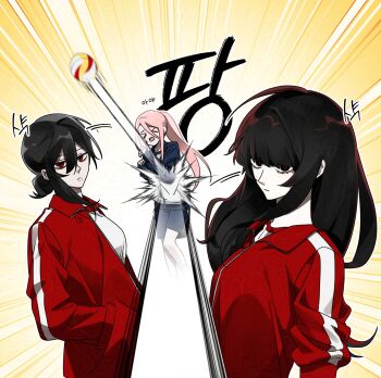 Rule 34 | > <, 3girls, bbabbamis2, black eyes, black hair, borrowed character, commentary request, emphasis lines, hands in pockets, adashino adami, highres, homicipher, jacket, korean commentary, korean text, long hair, looking at viewer, motion lines, multiple girls, pink hair, ponytail, red eyes, red jacket, shorts, sportswear, translation request, upper body, volleyball, yellow background