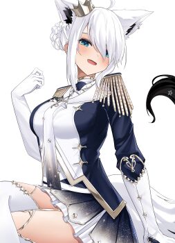 1girl absurdres ahoge animal_ear_fluff animal_ears aqua_eyes blush boots braid breasts cape choumiryou commentary_request crown double_bun epaulettes extra_ears fox_ears fox_girl fox_tail fur-trimmed_cape fur_trim garter_belt gloves hair_between_eyes hair_bun highres hololive jacket jewelry looking_at_viewer medium_breasts mini_crown official_alternate_costume official_alternate_hairstyle pentagram red_cape shirakami_fubuki shirakami_fubuki_(fbkingdom) sidelocks simple_background single_braid skirt smile solo sword tail thigh_boots thighhighs virtual_youtuber weapon white_background white_gloves white_hair white_jacket white_skirt white_thighhighs