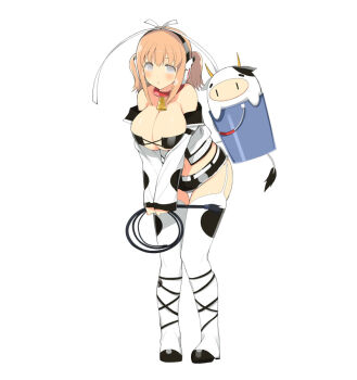 10s 1girl animal animal_print bell breasts bucket cleavage collar cow cow_print cow_tail detached_sleeves female_focus grey_eyes hair_ornament headwear_request large_breasts marvelous neck_bell official_art open_mouth orange_hair ribbon senran_kagura senran_kagura_new_wave short_twintails solo tail twintails ushimaru_(senran_kagura) ushiwakamaru_(senran_kagura) whip yaegashi_nan