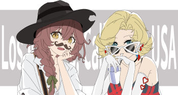 2girls bare_shoulders bette_(reverse:1999) black_hat blonde_hair blue_eyes bow brown_eyes brown_hair cup dress drinking drinking_straw drinking_straw_in_mouth elbow_gloves english_text fake_facial_hair fake_mustache fedora gloves green_bow grey_background hair_bow hair_over_shoulder hand_on_own_cheek hand_on_own_face hands_up hat highres holding holding_cup holding_drinking_straw justina_(sduy5347) long_braid looking_over_eyewear mole mole_under_eye multiple_girls open_mouth red_dress reverse:1999 shirt sleeveless sleeveless_dress spaghetti_strap sunglasses sweetheart_(reverse:1999) upper_body white_gloves white_shirt